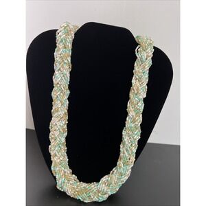 Vintage Pastel Turquoise White Pale Yellow Seed Bead Woven Braided 23" Necklace